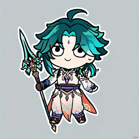style-parody,chibi,full_body,(masterpiece),(best quality),1boy, solo, xiao \(genshin impact\), weapon, male focus, necklace, polearm, white background, jewelry, holding weapon, simple background, holding, smile, multicolored hair, bead necklace, green hair, full body, gloves, holding polearm, spear, asymmetrical clothes, tattoo, beads, ahoge, standing, closed mouth, bangs, detached sleeves, looking at viewer, facial mark, arm guards