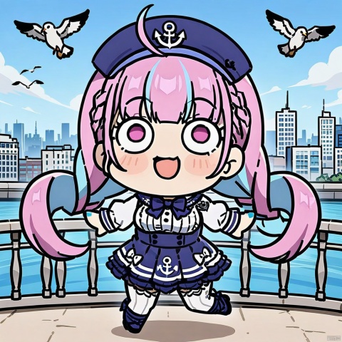 style-parody,chibi,full_body,(masterpiece),(best quality),1girl, solo, virtual youtuber, multicolored hair, minato aqua, long hair, skirt, braid, looking at viewer, twin braids, bird, bangs, blue hair, outdoors, pantyhose, long sleeves, purple eyes, hat, pink hair, blue skirt, twintails, ahoge, two-tone hair, blush, bow, sailor collar, shirt, hairband, white jacket, pleated skirt, jacket, railing, white pantyhose, breasts, ribbon, white shirt, blue sky, day, streaked hair, open mouth, frills, blue sailor collar, sky, seagull, high-waist skirt, choker, blue bow, red flower, open clothes, standing, colored inner hair, hand up, bowtie, open jacket, collarbone, anchor symbol, cityscape, smile, blue nails