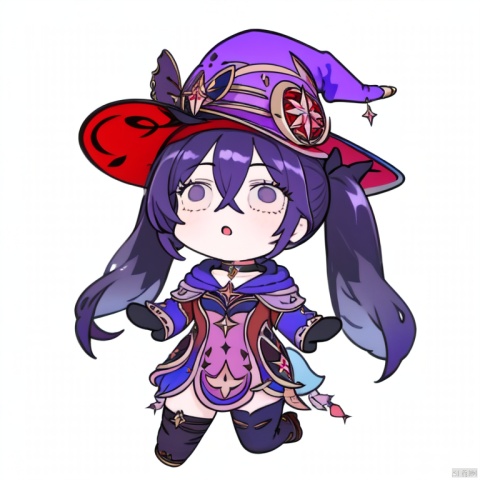 chibi,style-parody,bichi style,1girl, mona \(genshin impact\), hat, solo, witch hat, twintails, long hair, gloves, grey eyes, chibi, bangs, hair between eyes, sidelocks, black gloves, pointing, purple hair, :o, hat ornament, choker, black hair, long sleeves, simple background, parted lips, open mouth