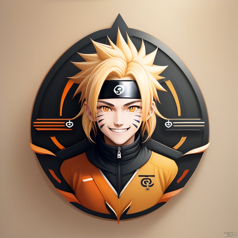  (logo,graphic:1.3),masterpiece,best quality,1boy, blonde hair, male focus, solo, smile, uzumaki naruto, grin, chibi, forehead protector, konohagakure symbol, looking at viewer, headband, facial mark, orange eyes, round image, whisker markings, jacket, spiked hair