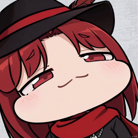  1girl, solo,red hair, black hat, hat feather, red scarf, black jacket, dog_tags,
,close-up,chibi,smug,
