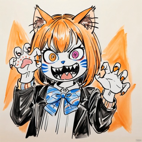  masterpiece,best quality,1girl,solo,animal ears,bow,teeth,jacket,tail,open mouth,brown hair,orange background,bowtie,orange nails,simple background,cat ears,orange eyes,blue bow,animal ear fluff,cat tail,looking at viewer,upper body,shirt,school uniform,hood,striped bow,striped,white shirt,black jacket,blue bowtie,fingernails,long sleeves,cat girl,bangs,fangs,collared shirt,striped bowtie,short hair,tongue,hoodie,sharp teeth,facial mark,claw pose, colored_pencil_drawing, colored-pencil-style