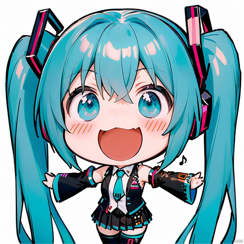 smile, :d, chibi,(masterpiece),(best quality),1girl, hatsune miku, twintails, necktie, solo, skirt, shirt, aqua hair, black skirt, aqua eyes, detached sleeves, long hair, sleeveless, white shirt, open mouth, white background, aqua necktie, black sleeves, sleeveless shirt, outstretched arms, very long hair, blush stickers, pleated skirt, hair ornament, miniskirt, bare shoulders, musical note