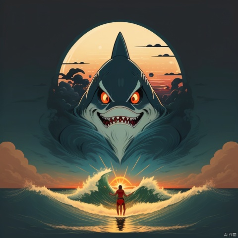 logol, shark with laser eyes, sunset, waves, retro, vector, best quality, masterpiece,