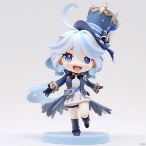  figurine,1girl,full body,solo, blue_headwear, looking_at_viewer, white_background, open_mouth, blush, simple_background, tears, hands_on_hips, long_sleeves, blue_jacket, tearing_up, white_gloves, top_hat, ascot, short_hair, white_shirt, flying_sweatdrops, brooch, black_gloves