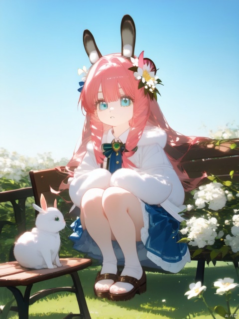 (bset quality, masterpiece), 1girl, solo,green eyes, animal ears, rabbit ears, long hair, looking at viewer, bangs, blue eyes, skirt, simple background,  long sleeves, white background,  hair between eyes, jacket, flower, parted lips, hair flower, feet out of frame, squatting, white flower, bench, anya,nai3_style