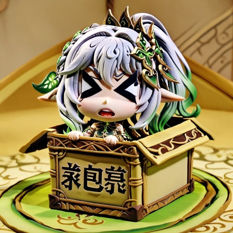 claymation-style,chibi, in-box, > <, open mouth,(masterpiece),(best quality),solo, 1girl,flower, hair ornament,looking at viewer, open mouth, elf girl,pointy_ears,small breast, :), white hair,green hair,green eyes,symbol-shaped pupils, bangs, breasts,cross-shaped pupils, hair ornament, gradient hair,bare foot, black cat near foot,nahida (genshin impact),chibi_in-box_> <