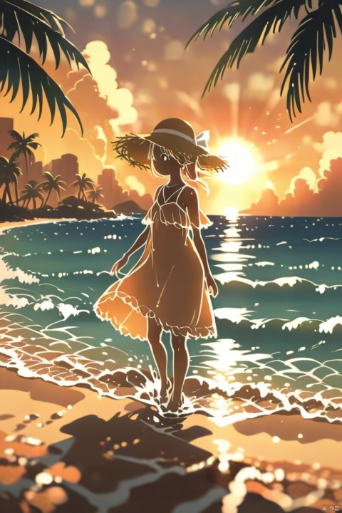 lineart, (Masterpiece:0.9), best quality, (illustration, incredibly absurdres:0.95), ultra detailed, solo, 1girl, dynamic angle, white dress, straw hat, (beach:0.8), (palm tree:0.6), horizon, ocean, dusk, backlighting, (cinematic shadows:0.9), [(black scenery background)::0.1], (Sunset beach background),  