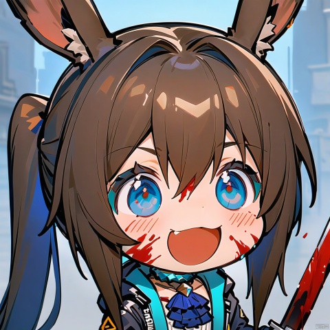 smile, :d, chibi,(masterpiece),(best quality),1girl, animal ears, amiya (arknights), solo, blue eyes, rabbit ears, long hair, holding, looking at viewer, blood, weapon, blue ascot, upper body, holding weapon, brown hair, ascot, hair between eyes, sword, holding sword, jacket, blood on face, closed mouth, open clothes, sidelocks, open jacket, jewelry, shirt, neck ring, white shirt, black jacket, ponytail, glowing,