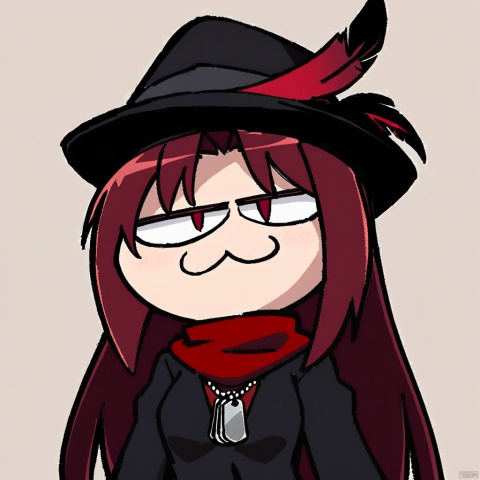  1girl, solo,red hair, black hat, hat feather, red scarf, black jacket, dog_tags,neco-arc, chibi, :3, tail,slit eyes,

