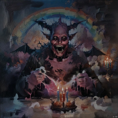  oil_painting, oil-painting-style,children-drawing of an terrifying demon, candles, in a dark room, explosion of liquid splash darkness, highly detailed, fantasy background, smoke, rainbow, devil, hell, disturbing,