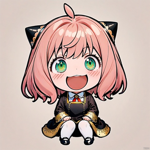 smile, :d, chibi,(masterpiece),(best quality),Anya Forger, 1girl, anya \(spy x family\), solo, female child, pink hair, green eyes, school uniform, eden academy school uniform, smile, dress, sitting, looking at viewer, open mouth, black footwear, black dress, child, shirt, :d, long sleeves, full body, shoes, medium hair, bangs, ahoge, white pantyhose, collared shirt