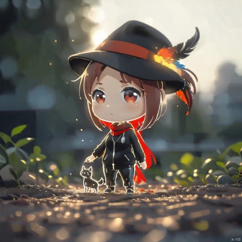 1girl, solo,red hair, black hat, hat feather, red scarf, black jacket, dog_tags,line-art,chibi,lineart,chibi,