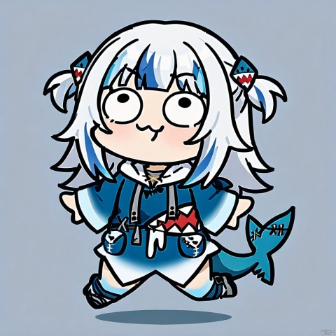 style-parody,chibi,full_body,(masterpiece),(best quality),1girl, gawr gura, virtual youtuber, tail, fish tail, shark tail, solo, blue eyes, multicolored hair, grey hair, full body, blue hair, streaked hair, bangs, hair ornament, shark hair ornament, two side up, white background, hood, blunt bangs, shark girl, hoodie, simple background, blue hoodie