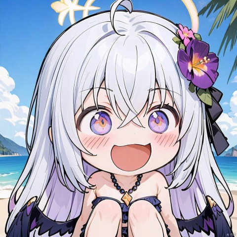 smile, :d, chibi,(masterpiece),(best quality),1girl, solo, hair ornament, azusa (blue archive), swimsuit, hair flower, bikini, long hair, flower, necklace, jewelry, frilled bikini, looking at viewer, frills, hair between eyes, blush, open mouth, purple eyes, smile, wings, halo, bow, bead necklace, strapless, beads, ahoge, bare shoulders, strapless bikini, outdoors, purple flower, official alternate costume, knees up, crossed bangs, white hair