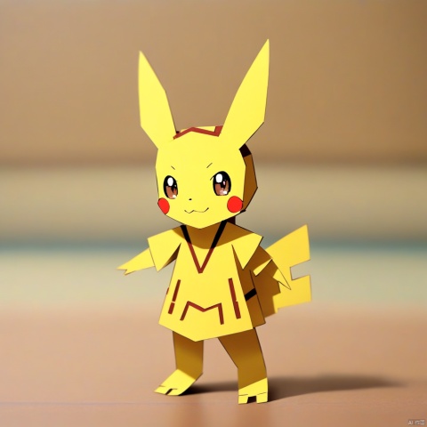  paper-cut,Pikachu, solo, standing, full body, brown eyes, closed mouth, blurry, smile