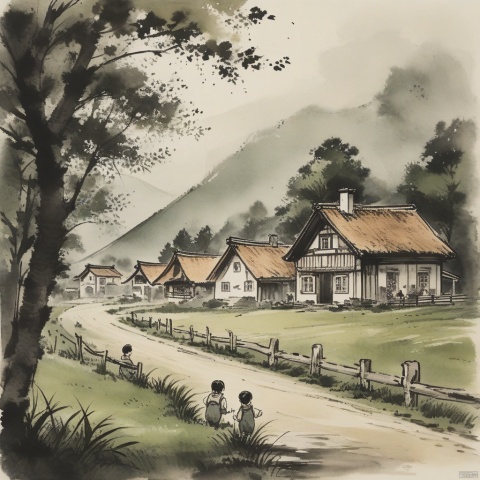  (ink-style,ink_wash_painting), (masterpiece),(best quality), children-drawing, charming country house, blue siding, situated, side, road, surrounded, lush green grass, trees, background, creating, idyllic countryside setting, small fence, seen near, rustic charm, main house, two smaller houses visible, further down, road, one closer, left edge, scene, another towards, right, homes contribute, overall picturesque landscape, rural area