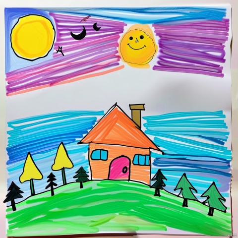  children-drawing, a colorful drawing of the moon, sun, and trees. in this artwork, there is an orange house situated in front of some pine trees with green leaves. above the house, a yellow smiley face can be seen on the moon, adding a playful touch to the scene.
the sky above the house appears to have clouds, giving it a more dynamic atmosphere. there are also two small airplanes visible within the picture, one nearer to the top left corner and another slightly below the middle area.