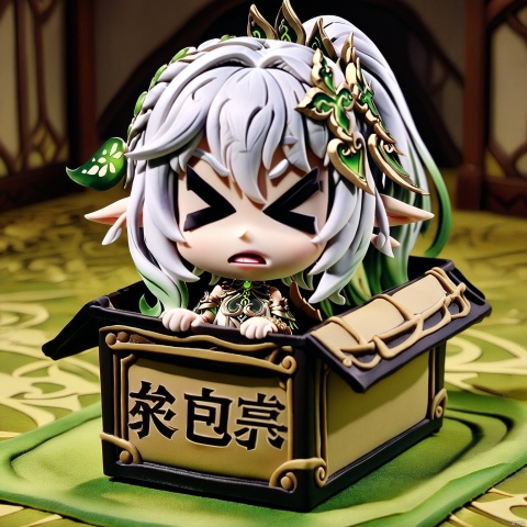 claymation-style,chibi, in-box, > <, open mouth,(masterpiece),(best quality),solo, 1girl,flower, hair ornament,looking at viewer, open mouth, elf girl,pointy_ears,small breast, :), white hair,green hair,green eyes,symbol-shaped pupils, bangs, breasts,cross-shaped pupils, hair ornament, gradient hair,bare foot, black cat near foot,nahida (genshin impact),chibi_in-box_> <