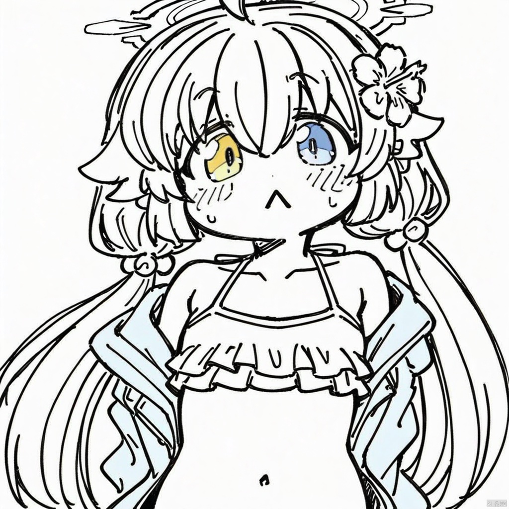  line-drawing-style, greyscale, monochrome,close-up, chibi, :<, (masterpiece),(best quality),solo, red flower, 1girl, hoshino (blue archive), flower, blue jacket, hoshino (swimsuit) (blue archive), hair ornament, white bikini, frilled bikini, heterochromia, swimsuit, twintails, long hair, ahoge, yellow eyes, bikini, navel, halo, blush, looking at viewer, jacket, frills, low twintails, blue eyes, open mouth, pink hair, collarbone, hair between eyes, hair bobbles, outdoors, long sleeves, hair flower, official alternate costume, hibiscus, open clothes, blurry