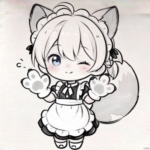  traditional media, monochrome, greyscale,masterpiece, best quality, 1girl,solo,bangs,blush,smile,looking at viewer,ahoge,animal ear fluff,animal ears,animal hands,apron,blonde hair,blue eyes,braid,chibi,closed mouth,dog ears,dog tail,dress,enmaided,frilled apron,frilled dress,frills,gloves,hair between eyes,hands up,long hair,maid,maid apron,maid headdress,one eye closed,puffy short sleeves,puffy sleeves,short sleeves,tail,teeth,waist apron,white apron,white gloves