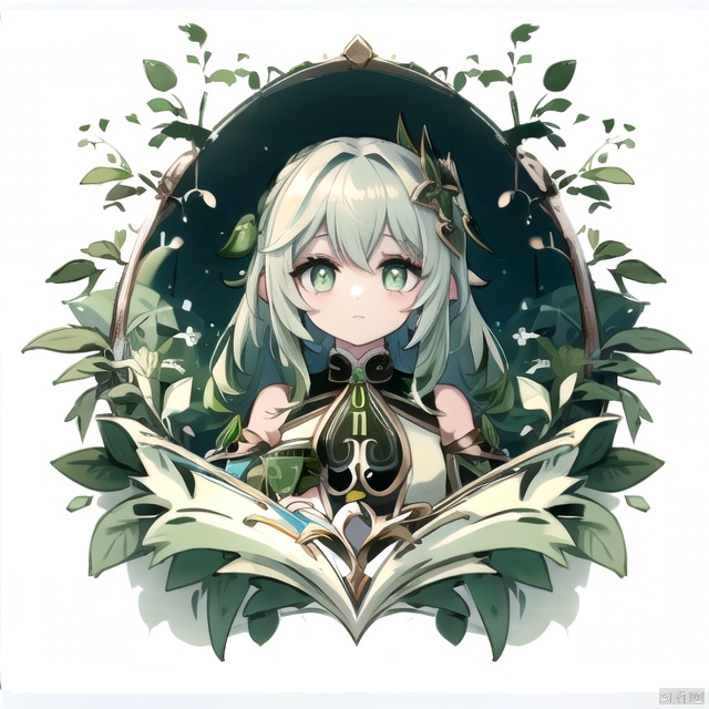 (logo,graphic),(beautiful detailed eyes), green_eyes,+_+,white_and_green_hair,
white_background,nahida (genshin impact),