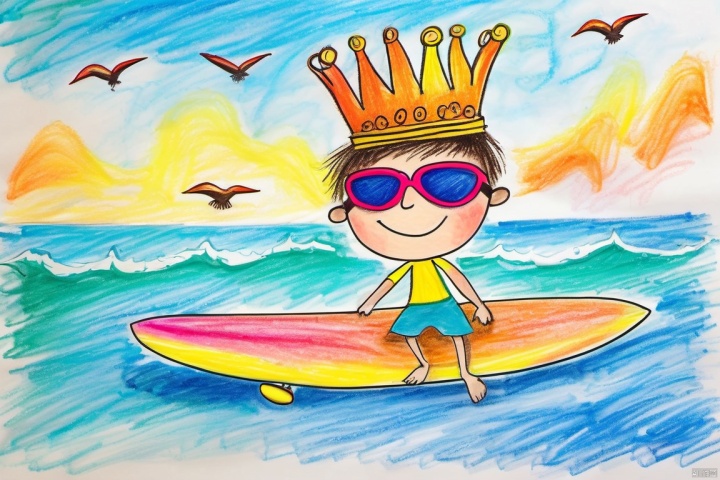  children-drawing,charming,colorful drawing,whimsical drawing,hand-drawn picture,vibrant drawing,cartoon,
(surfing),1boy,(wearing a crown:1.2), bird, cloud, sky, sunglasses, palm, coconut, holding the coconut, smile, close eyes, colorful crown, beak, sea wave, (surfboard:1.2),