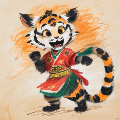 children-drawing,colorful drawing,hand-drawn picture, solo,1boy,male focus,armor,shoulder armor,tail,furry,white background,full body,animal ears,signature,looking at viewer,furry male,pauldrons,japanese armor,simple background,barefoot,pants,facial hair,fangs,tiger,tiger tail,tiger ears,open mouth,teeth,year of the tiger,muscular,