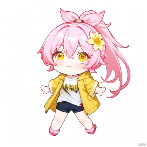 chibi, style-parody,1petite loli, solo.pink hair, long pink hair, (yellow eyes), hair flower, fipped hair, high ponytail, loose over_sized Casual T-shirt, white shirt, hoodie coat, bare legs, slippers;relaxed, one-eye_closed, adjusting hair, looking at viewer, standing.