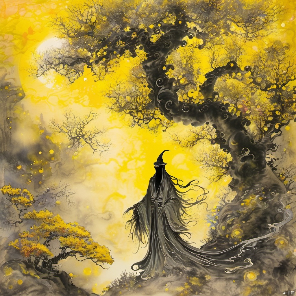 traditional eastern ink-painting of a wraith with spectral grace, in an vibrant colored enchanted wonderland, magical, whimsical, fantasy art concept, steampunk, intricate details, best quality, masterpiece, ultra sharp, yellow theme background, ink wash