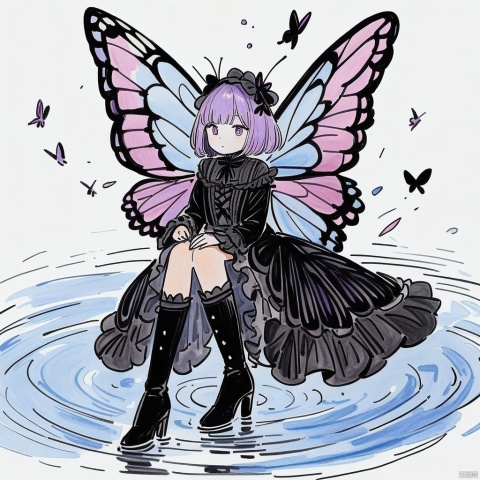 colored_pencil_drawing, masterpiece, best quality, 1girl, solo, dress, wings, butterfly wings, butterfly, short hair, bug, purple eyes, boots, sitting, outdoors, high heels, black dress, water, lolita fashion, knee boots, long sleeves, black footwear, full body, ripples, high heel boots