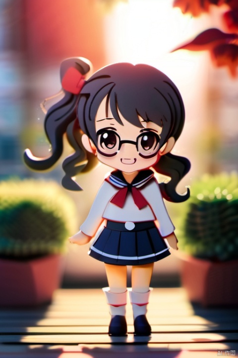 ,chibi, paper-cut,full body,1girl,solo,(long hair,ponytail,sailor shirt,sailor collar,pleated skirt,scarf,student,bespectacled,small breasts),(black hair),(red scarf),smile,blush,standing,looking at viewer,cowboy shot,Soft Lighting,strong rim light,Beautiful Lighting,outdoors,day,cloudy sky,lens flare,garden,building,flower,