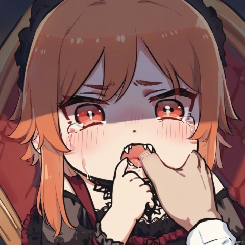 chibi, score_9, score_8_up, score_8, rating_explicit, 1girl, vampire gothic dress, blushing, crying, sad, throne room, soft lighting, ginger hair, red eyes, finger in mouth, fangs, fiday, close up
 