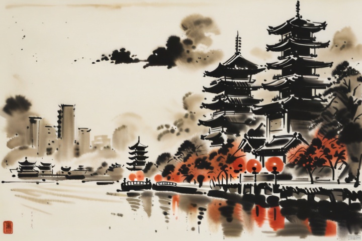  Red Lantern , outdoors, sky, day, cloud, tree, blue sky, no humans, building, scenery, city, skyscraper, (ink-style,ink_wash_painting)