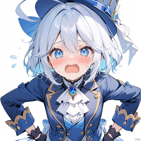 1girl, solo, blue_headwear, looking_at_viewer, white_background, open_mouth, upper_body, blush, simple_background, tears, hands_on_hips, long_sleeves, blue_jacket, tearing_up, white_gloves, top_hat, ascot, short_hair, white_shirt, flying_sweatdrops, brooch, black_gloves