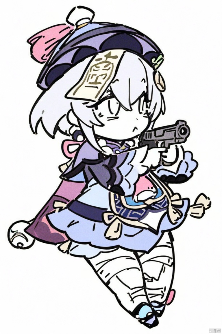 (line-drawing-style),(masterpiece,best quality),chibi, 1girl,solo, qiqi \(genshin impact\),blue hat,:<,holding handgun,simple background, white background, squinting, aiming, full body,