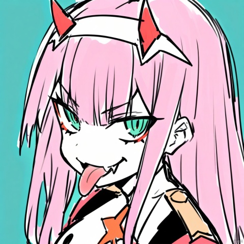 (sketch-style), (masterpiece),(best quality), 1girl, aqua_background, aqua_eyes, blue_background, buttons, double-breasted, fangs, green_eyes, hairband, horns, long_hair, looking_at_viewer, military, military_uniform, necktie, pink_hair, sky, solo, tongue, tongue_out, uniform, white_hairband, zero_two_\(darling_in_the_franxx\),