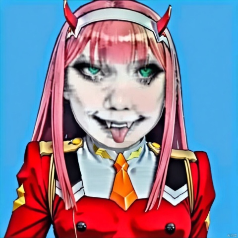  longtu-face,face,(masterpiece),(best quality),1girl, aqua_background, aqua_eyes, blue_background, buttons, double-breasted, fangs, green_eyes, hairband, horns, long_hair, looking_at_viewer, military, military_uniform, necktie, pink_hair, sky, solo, tongue, tongue_out, uniform, white_hairband, zero_two_\(darling_in_the_franxx\)