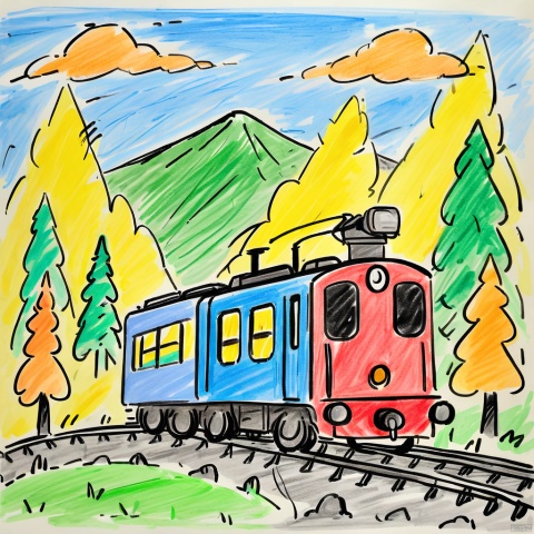  colored_pencil_drawing,masterpiece, best quality,no humans, tree, outdoors, smile, solo, mountain, train, nature, forest, pokemon, \(creature\), sky, motor vehicle, bridge, closed mouth, black eyes