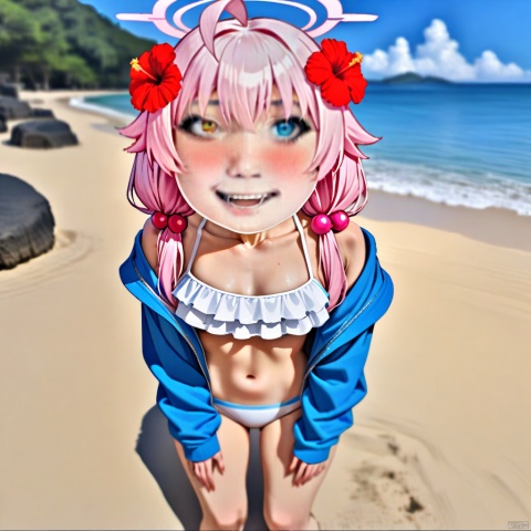  longtu-face,full_body,(masterpiece),(best quality),solo, red flower, 1girl, hoshino (blue archive), flower, blue jacket, hoshino (swimsuit) (blue archive), hair ornament, white bikini, frilled bikini, heterochromia, swimsuit, twintails, long hair, ahoge, yellow eyes, bikini, navel, halo, blush, looking at viewer, jacket, frills, low twintails, blue eyes, open mouth, pink hair, collarbone, hair between eyes, hair bobbles, outdoors, long sleeves, hair flower, official alternate costume, hibiscus, open clothes, blurry,
