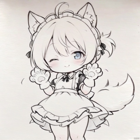  traditional media, monochrome, greyscale,masterpiece, best quality, 1girl,solo,bangs,blush,smile,looking at viewer,ahoge,animal ear fluff,animal ears,animal hands,apron,blonde hair,blue eyes,braid,chibi,closed mouth,dog ears,dog tail,dress,enmaided,frilled apron,frilled dress,frills,gloves,hair between eyes,hands up,long hair,maid,maid apron,maid headdress,one eye closed,puffy short sleeves,puffy sleeves,short sleeves,tail,teeth,waist apron,white apron,white gloves