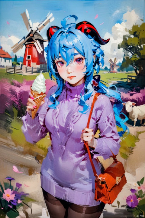 oil_painting, oil-painting-style,(masterpiece, best quality),
1girl, ganyu \(genshin impact\), solo, outdoors, long hair, goat horns, ice cream, horns, flower, purple eyes, blue hair, sweater, petals, looking at viewer, pantyhose, food, bag, turtleneck, ahoge, bangs, blush, windmill, purple flower, sheep, turtleneck sweater, holding, fence, breasts, cloud, day, long sleeves, sky, handbag, shoulder bag, building, falling petals, cowboy shot, closed mouth, floating hair, dress, animal, black pantyhose, purple sweater, hair between eyes, pink flower, medium breasts, standing, sidelocks, cable knit, blue sky, tree, holding food