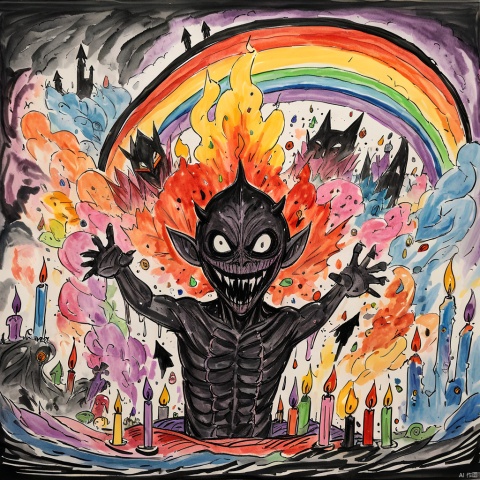  colored_pencil_drawing, masterpiece, best quality, children-drawing of an terrifying demon, candles, in a dark room, explosion of liquid splash darkness, highly detailed, fantasy background, smoke, rainbow, devil, hell, disturbing