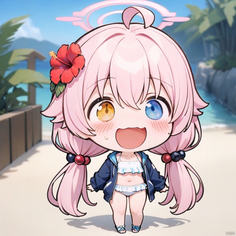 smile, :d, chibi,chibi, full body, (masterpiece),(best quality),solo, red flower, 1girl, hoshino (blue archive), flower, blue jacket, hoshino (swimsuit) (blue archive), hair ornament, white bikini, frilled bikini, heterochromia, swimsuit, twintails, long hair, ahoge, yellow eyes, bikini, navel, halo, blush, looking at viewer, jacket, frills, low twintails, blue eyes, open mouth, pink hair, collarbone, hair between eyes, hair bobbles, outdoors, long sleeves, hair flower, official alternate costume, hibiscus, open clothes, blurry