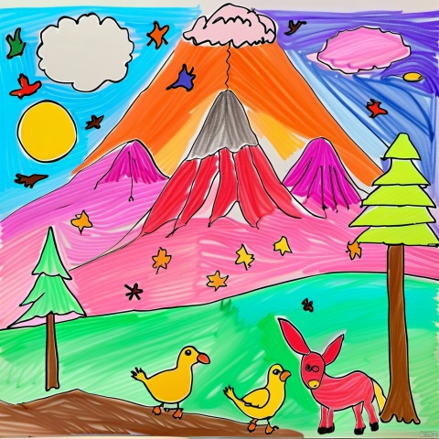  children-drawing, a colorful and detailed drawing of an erupting volcano, surrounded by trees. it features various birds flying in the sky above the scene, adding to its lively atmosphere. there are at least 13 birds visible throughout the picture, some closer to the top left corner while others fly higher up or nearer to the center of the frame.
in addition to the main focus on the volcano, there's also a pink horse located towards the right side of the drawing, further enhancing the vibrant colors present in this artwork.