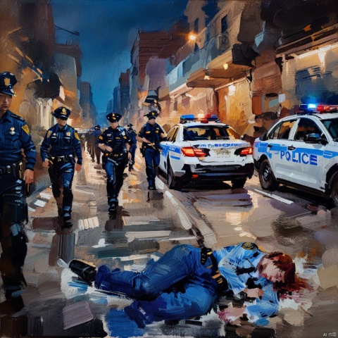  oil_painting, oil-painting-style, Impressionist Painting of Crime scene, woman laying in street face down, police, group of cops walking, downtown city alley,  police car in background, brush strokes, dark lighting, dramatic lighting, night, 
