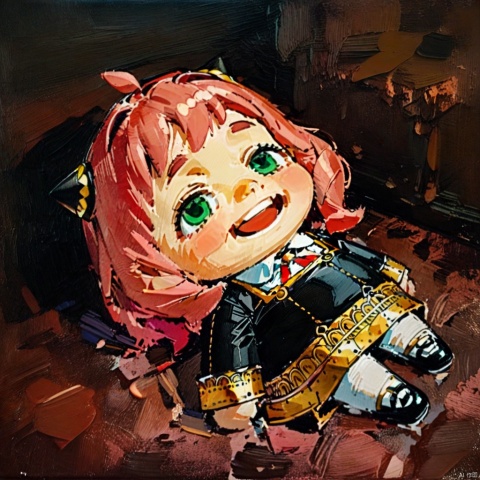  oil painting, oil painting style,lying-on-back, chibi,(masterpiece),(best quality),Anya Forger, 1girl, anya \(spy x family\), solo, female child, pink hair, green eyes, school uniform, eden academy school uniform, smile, dress, sitting, looking at viewer, open mouth, black footwear, black dress, child, shirt, :d, long sleeves, full body, shoes, medium hair, bangs, ahoge, white pantyhose, collared shirt