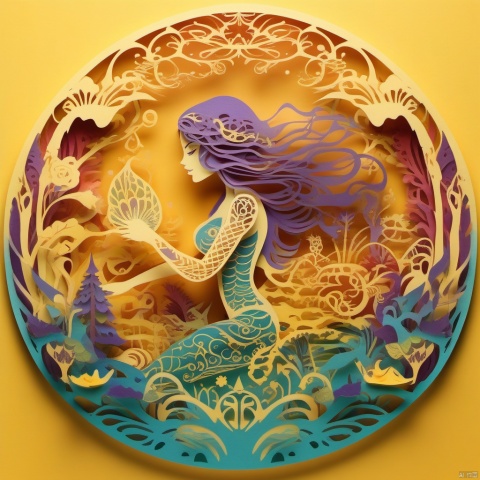 paper-cut of a mermaid with enchanting song in an vibrant colored enchanted wonderland, magical, whimsical, fantasy art concept, steampunk, intricate details, best quality, masterpiece, ultra sharp, yellow theme background, 