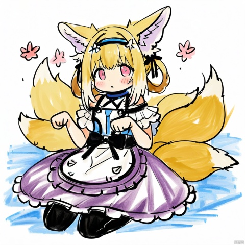 colored_pencil_drawing, (masterpiece),(best quality),1girl,solo,long hair,blush,blonde hair,hair ornament,dress,ribbon,animal ears,sitting,tail,flower,pantyhose,no shoes,hair flower,pink eyes,apron,animal ear fluff,maid,maid headdress,fox ears,fox tail,maid apron,white pantyhose,paw pose,suzuran \(arknights\),Suzuran,white background,