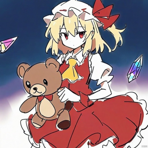  (sketch-style), (masterpiece),(best quality), 1girl, flandre scarlet, touhou, hat, mob cap, solo, blonde hair, stuffed toy, red vest, wings, stuffed animal, teddy bear, red eyes, crystal, vest, white headwear, outdoor, short sleeves, one side up, holding, puffy sleeves, skirt, shirt, pointy ears, red skirt, looking at viewer, puffy short sleeves, ascot, yellow ascot, wrist cuffs, white shirt, holding stuffed toy, bow, frills, red bow, collared shirt, ribbon, frilled shirt collar, red ribbon, medium hair masterpiece, best quality, very aesthetic, absurdres